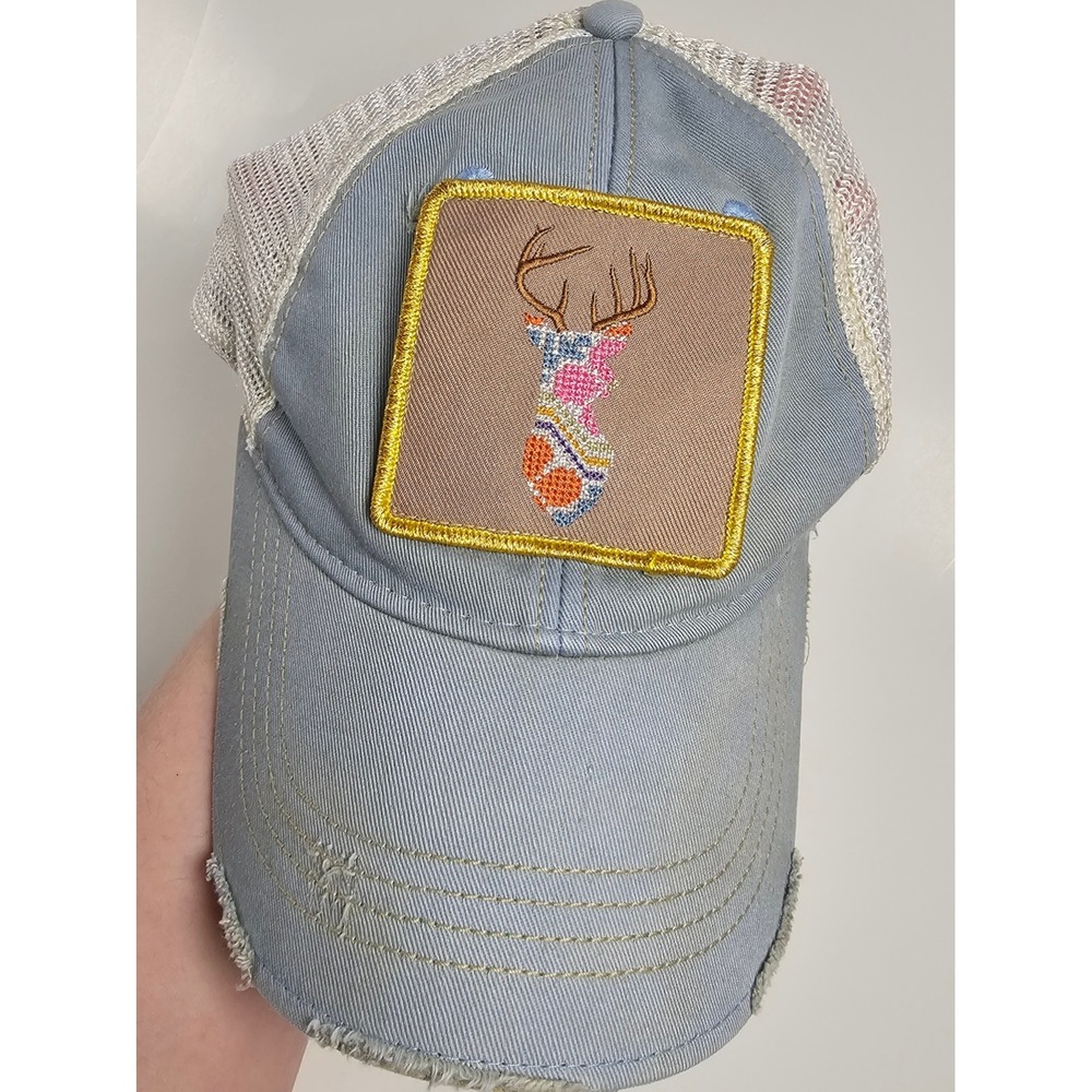 Judith March Deer Patch Trucker Hat Blue Distressed Mesh Snapback Floral Antlers